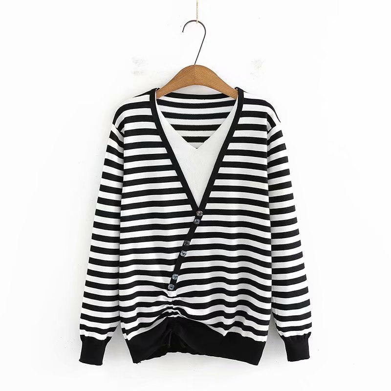 New Autumn Winter Plus Size Knit Tops For Women Large Pullover Long Sleeve Slim Elastic Stripe V-neck Sweater