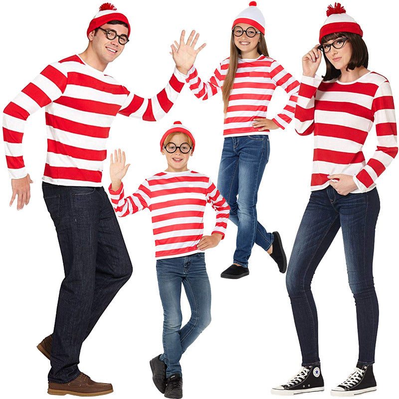 Anime clever Wally Where's Wally parent-child outfit cosplay costume All Saints play costume in stock