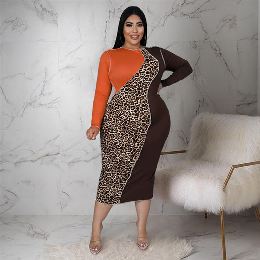New Women Plus Size Dresses  Elegant Leopard Patchwork Bodycon Stretch Maxi Dress Party Vintage
