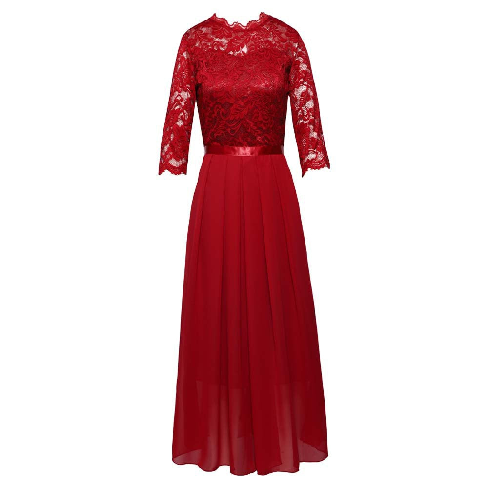 Round neck lace long dress evening dress for women