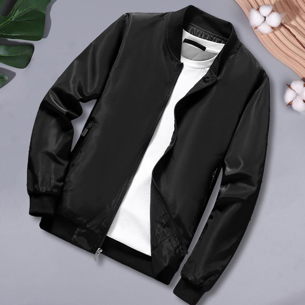 Men Coat Men's Stand Collar Zip Up Cardigan Jacket with Elastic Cuff Smooth Zipper Pocket Fall Winter Baseball Coat for A