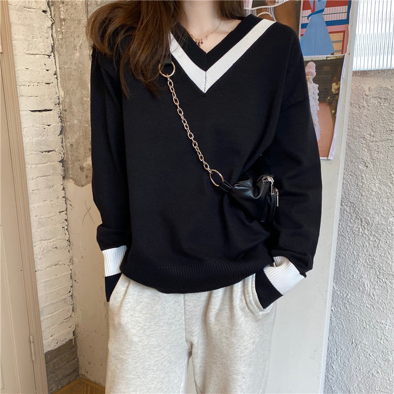 Sweater women's loose outer wear pullover, sweater women's loose outer wear pullover lazy style student ins forest style long sleeve V-neck contrast color all-match knitted autumn and winter, all-match knitted