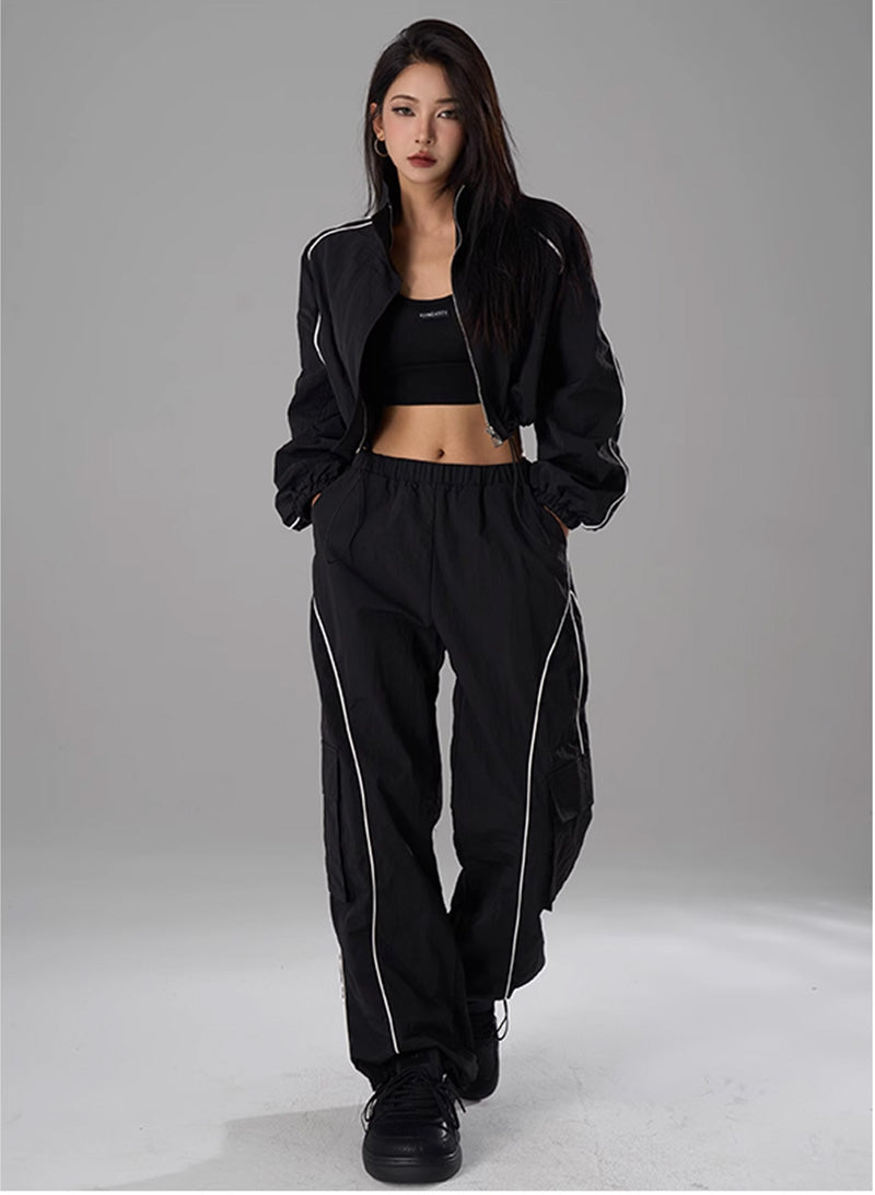 Hip Hop Sports Suit Two-piece Set Women Black Short Track Jacket +Sweatpants Joggers Dance Tracksuit Female Cropped Jacket Sets