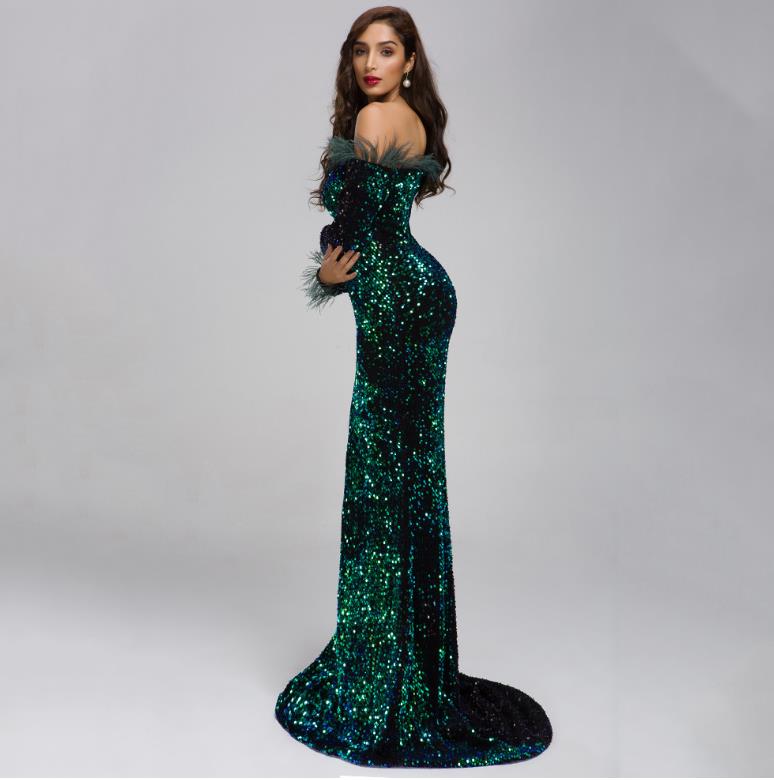 Feather sequins long evening dress