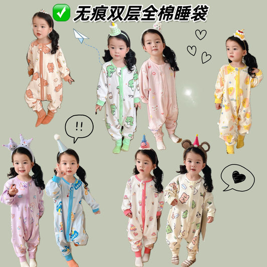 New double-layer baby one-piece split-leg sleeping bag children's anti-kick quilt spring, autumn and winter pajamas boys and girls cotton home wear