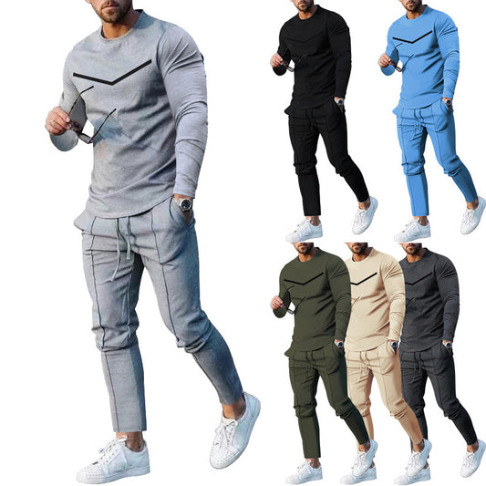 Cross-border Foreign Trade Men's Clothing Suit Spring and Autumn Two-piece Crewneck Long-sleeved T-shirt Pants Suit Men's Casual Sports Suit