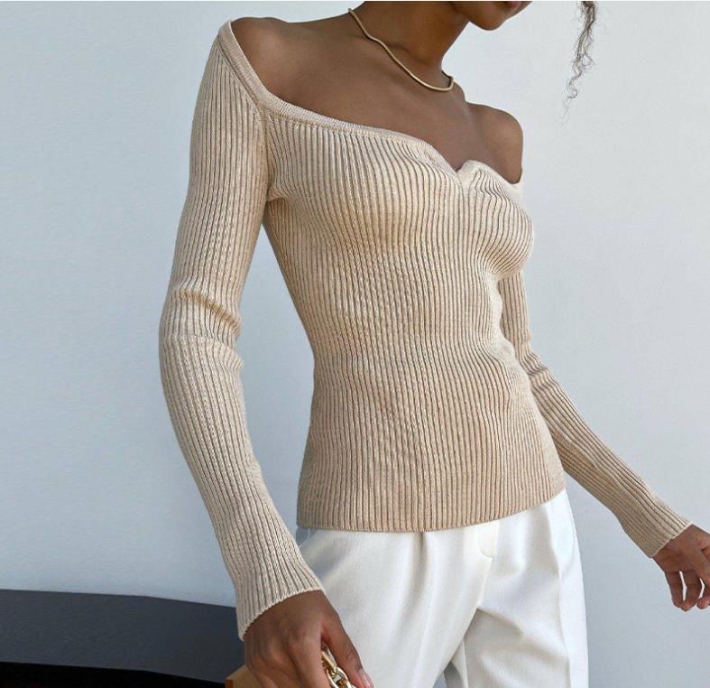 Women's T-shirt Long-sleeved Square Collar Tight-fitting Knitted Sweater Women's Autumn and Winter New Solid Color Bottoming Shirt Top for Commuting, Daily, Dating