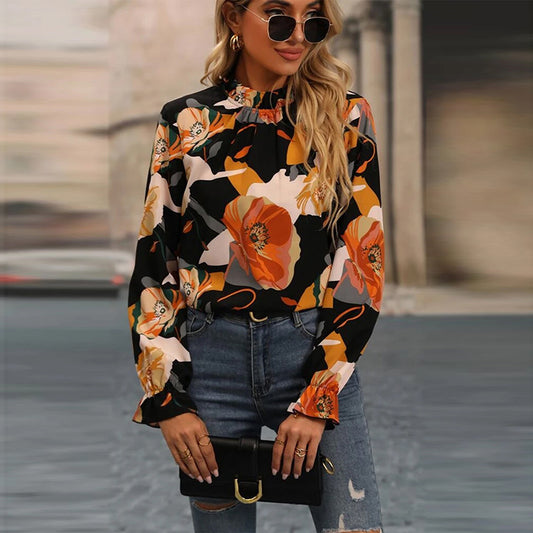 2024 early autumn thin contrast color temperament commuter chiffon shirt women European and American fashion floral print long sleeve pullover women
