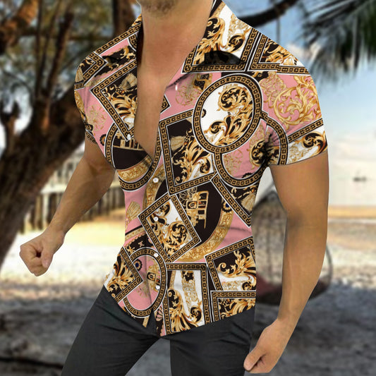 Men's Shirt Summer Lapel Hawaiian Print Fashion Versatile Fit Casual British Style Polyester Short Sleeved Shirt Suitable for Hawaiian Beaches, Couples Dating, Parties