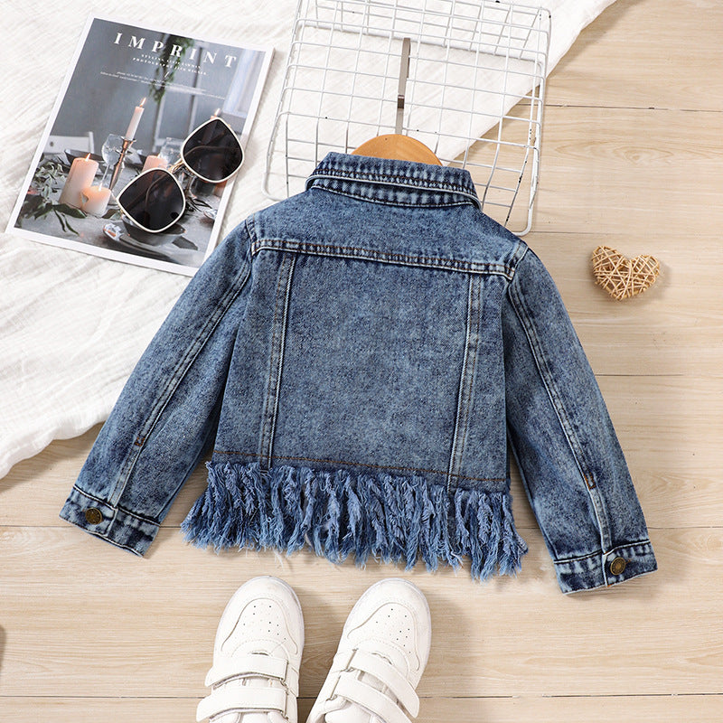 New Jean Jacket Girls' Top Girls' Autumn Coat Tassels Hem Versatile Top Fashion Suitable for 1-6 Years Old