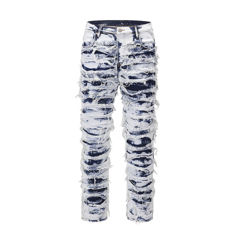 Washed Blue Ripped Zipper Distressed Beggar Pants