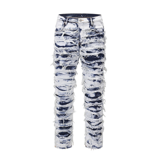 Washed Blue Ripped Zipper Distressed Beggar Pants