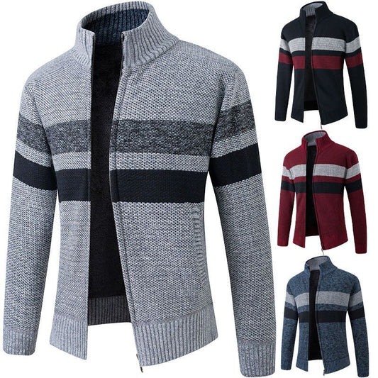 Autumn and winter men's new plus velvet thick sweater fashion stand collar sweater cardigan zipper jacket coat trendy