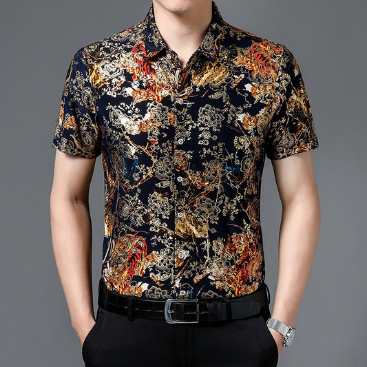 Men's Short-sleeved Shirt Summer Fashion Casual Bronzing Short Flower Shirt Floral Non-ironing Men's Half-sleeved Fashion Short T