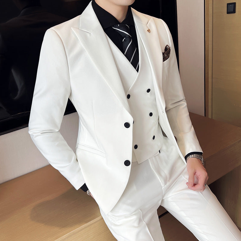 Suit Three-piece Suit Slim Korean Style Double Buckle Solid Color Light Business