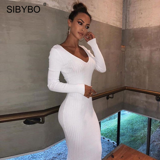 Sibybo Winter Ribbed Knitted Cotton Dress Women Off Shoulder Long Sleeve Sexy Bodycon Dresses Elastic Slim Party Vestidos 2021