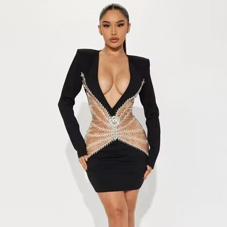 Autumn And Winter Graceful Fashion  Rhinestones Tassel Women's V-neck Bandage One-piece Dress