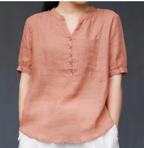 Cotton and linen shirt for women in summer, thin and loose, large size, artistic temperament, short-sleeved V-neck, solid color, casual and slim tops