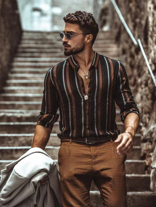 Men's Long Sleeve Shirt Casual Print Lapel Striped Shirt