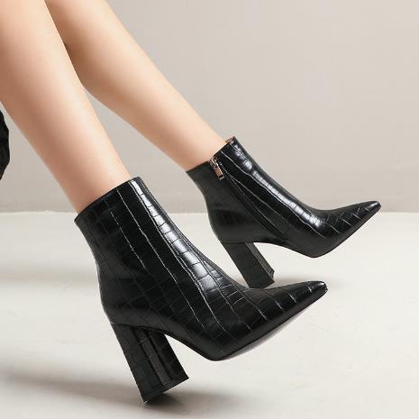 And Winter New Foreign Trade Europe And America High-Heeled Plaid Short Tube Thick Heel Square Toe Martin Boots