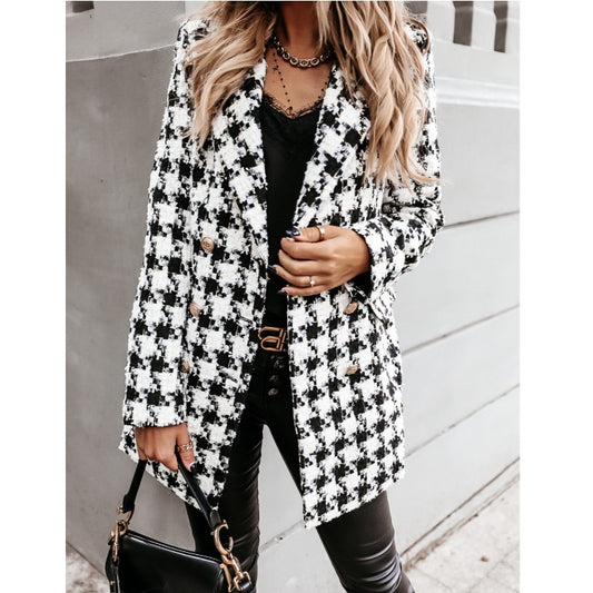 Autumn and winter woolen printed collar long jacket