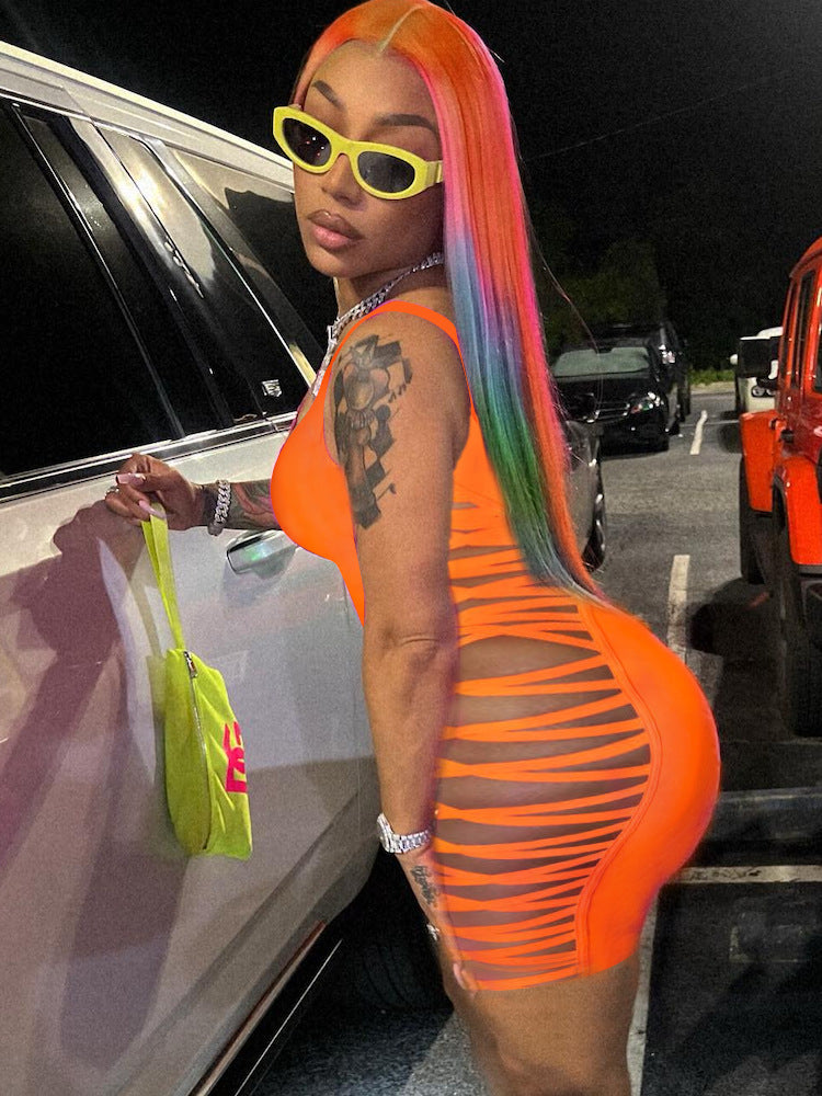 Ladies Solid Color Sleeveless Low-Cut Skinny Bilateral Hollow Suspender Skirt Summer City Sexy Joker Suspender Dress