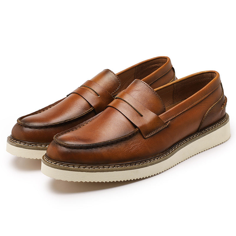 Men's Loafers Breathable Top Layer Cowhide Business Men's Shoes Round Toe Thick-soled Casual Shoes Non-slip Retro Yacht Shoes