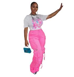 Women's High Waist Baggy Jeans Flap Pocket Relaxed Fit Straight Wide Leg Y2K 2023 Fashion Ripped Out Drawstring Cargo Jeans