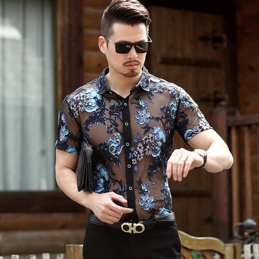 Men's Short Sleeve Shirt Slim Openwork Embroidered Iron Free Casual Shirt Middle Age Half Sleeve Top