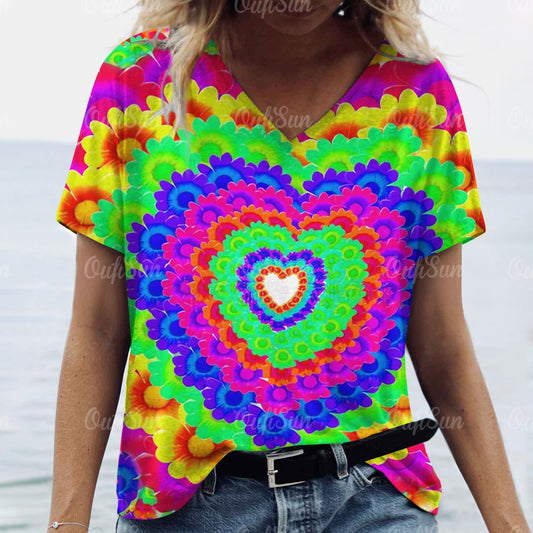 3d Gradient Heart Print Grunge T-Shirts Women Vintage Summer Y2k T Shirt Fashion Casual Tops Harajuku Oversized Female Clothing