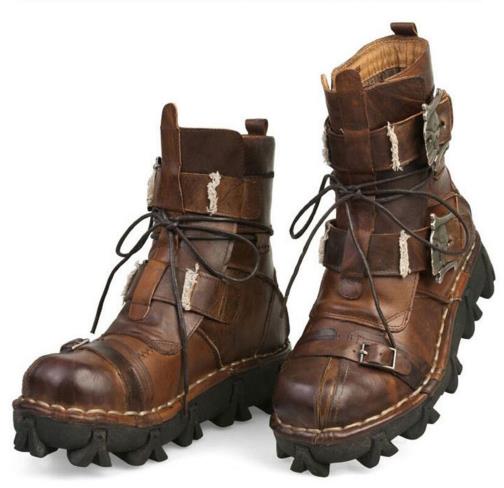 Men's Cowhide Genuine Leather Working Boots Military Combat Boots Gothic Skull Punk Motorcycle Martin Boots