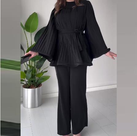 WOLFF. Pleated Flared Top and Trouser Set