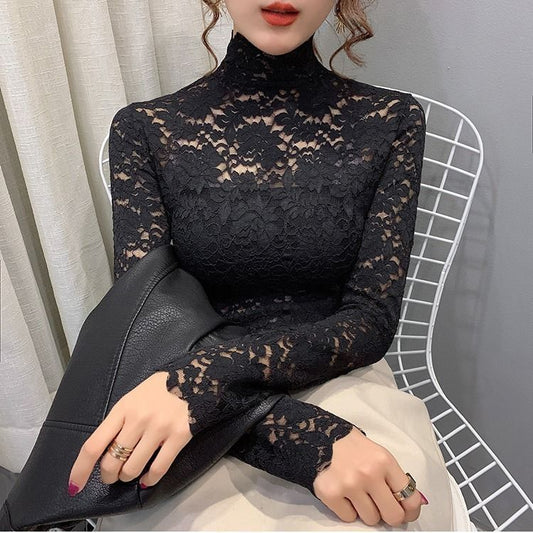 Lace Base Shirt Women's Four Seasons All-match High Collar Western Style Small Shirt Women's Top with Fake Neck Inner Vest Long Sleeve