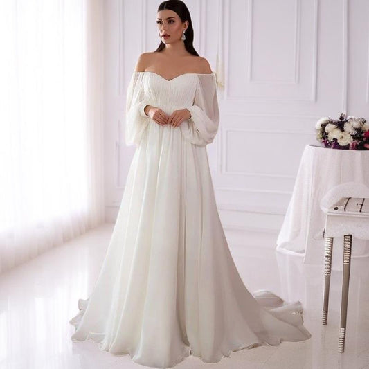 Off Shoulder Gown Wedding Dresses, Elegant Solid Ruched Mopping High Waist Dress for Wedding Party, Women's Clothing