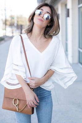 Spring and summer new large size women's Europe and the United States loose V-neck trumpet sleeve mesh stitching shirt