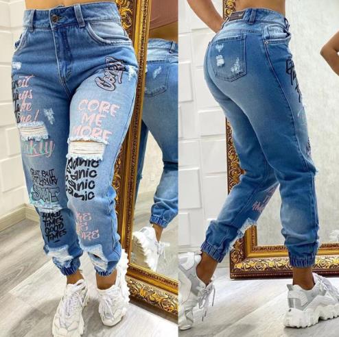 2023 New Letter Print Slant Pocket Ripped Jeans Casual Jeans Women