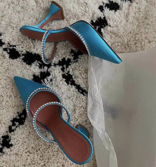 Female Luxury Crystal Chains Women Pumps Slippers Fashion Pointed Toe High Heels Sandals Summer Ankle Strap Party Shoes