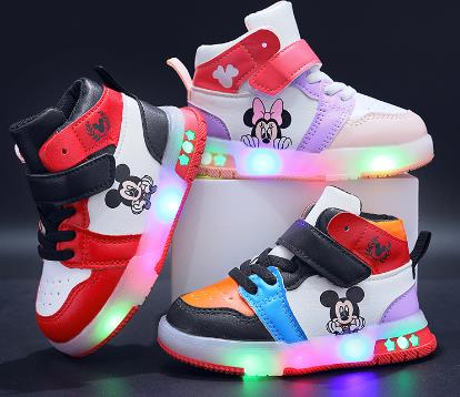 Disney Children's Sneakers Boys Girls Mickey Led Light Sport Shoes Student Shoes Hook Anti-slip Kids Outdoor Shoes Basket Shoes