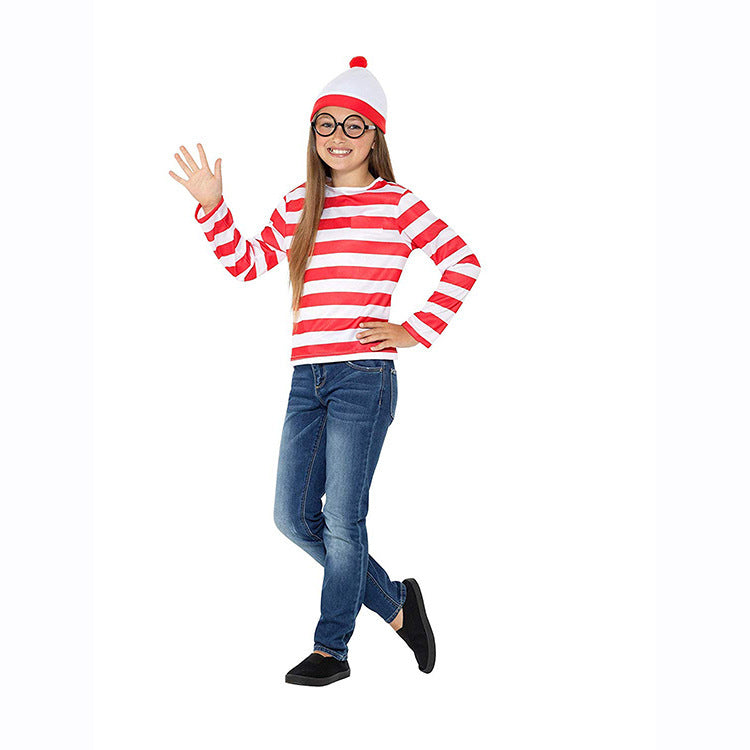 Anime clever Wally Where's Wally parent-child outfit cosplay costume All Saints play costume in stock