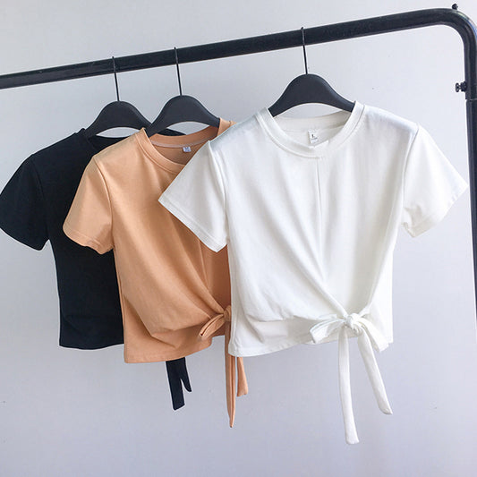 Woman Tshirts Harajuku Tops Vintage solid color Short Fashion Short-Sleeved T-shirt Female Summer New Careful Clothes WBXW27