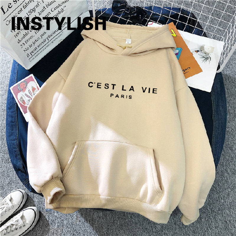 Kadın rahat baskı gevşek Hoodies bahar uzun kollu elbise kapüşonlu Sweatshirt Harajuku basit tembel tarzı kazak 2023 Streetwear Tops