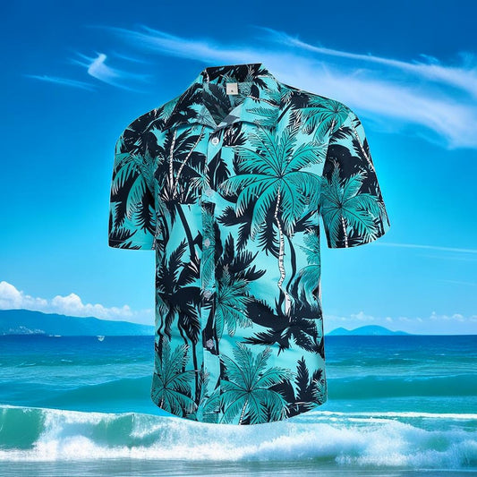 Men's Creative Hawaiian Coconut Tree Element 3D Printing Trend Loose Short Large Size Shirt