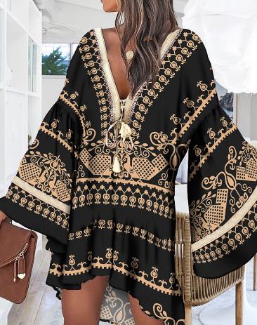 Women Loose Summer Spring Long V Neck Ditsy Floral Print Bell Sleeve Tassel Swing Dress Drawstring Flower Mini Dress