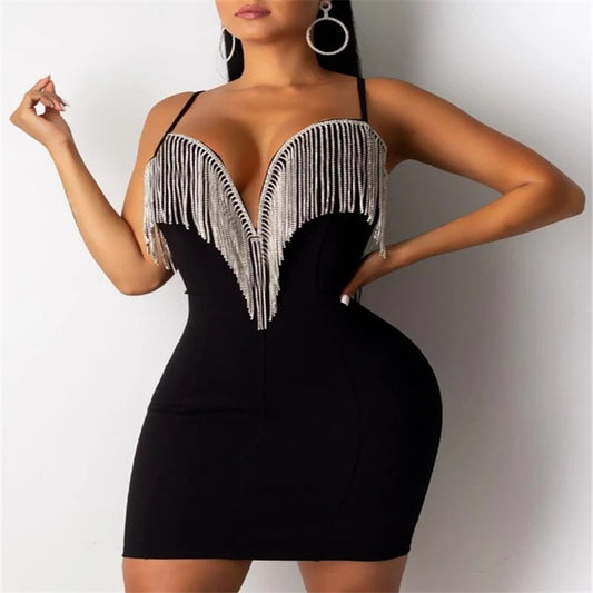 Sexy nightclub suspender dress, rhinestone tassel V-neck sexy nightclub suspender dress, dress