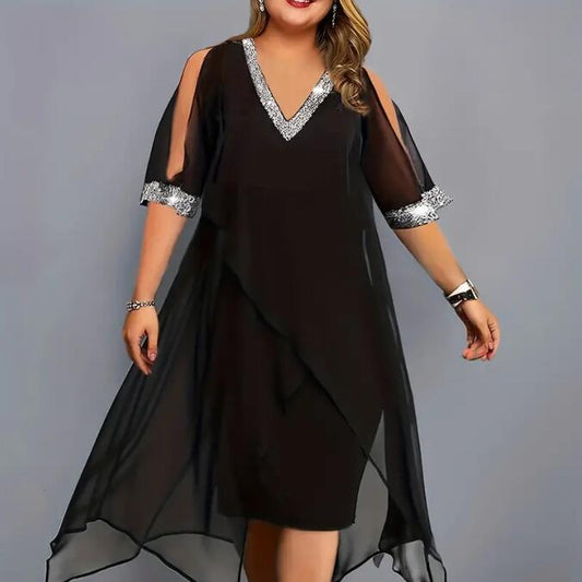 Women's Large Size Dress Summer New Dress Solid Color Ribbon V-neck Irregular Temperament Chiffon Waist Waist Swing Skirt Dress