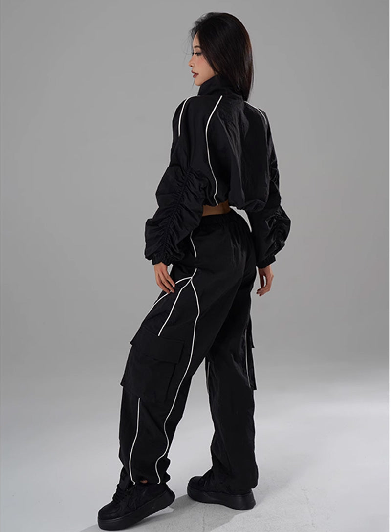 Hip Hop Sports Suit Two-piece Set Women Black Short Track Jacket +Sweatpants Joggers Dance Tracksuit Female Cropped Jacket Sets