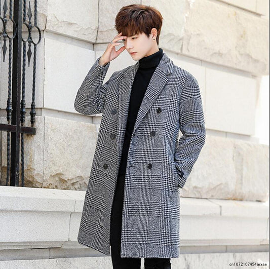 Fashion Men Coat Autumn Winter New Fashion Plaid Double Breasted Lapel Coat Mid-long Coat Men Chic Wool Blends Winter Coat Men