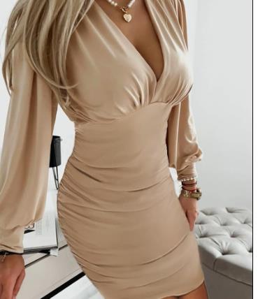 Fall V-neck Color Sheath Lantern Sleeve Mid-length Dress Women