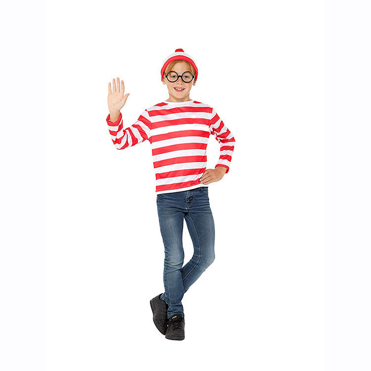 Anime clever Wally Where's Wally parent-child outfit cosplay costume All Saints play costume in stock