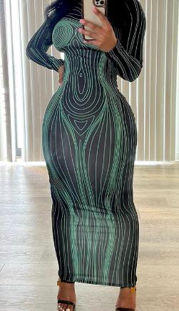 New Fall Women's Clothing Long Sleeve Round Neck Fashion Printed Slim Fit Sheath Bottom Dress